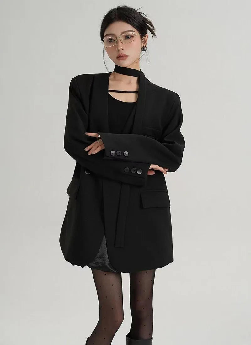 Fashion Collarless Blazers Jacket Ladies Korean Streetwear Design Belt Temperament Blazer Woman Chic Long Sleeve Loose Suit Coat