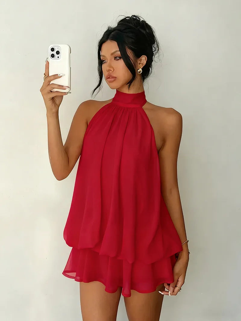 Women's Halter Neck Dress, Backless Tie-Front Chiffon Sheer Mini Skirt, Fashionable Sexy Y2K Vintage Cute Party Birthday Dress