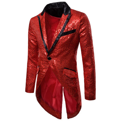 2026 Men's Gold V-Neck Long Sleeve Tuxedo, TV Performance Magic Long Jacket Shiny Sequin Decoration Red Blue Black Blazer S-XXL