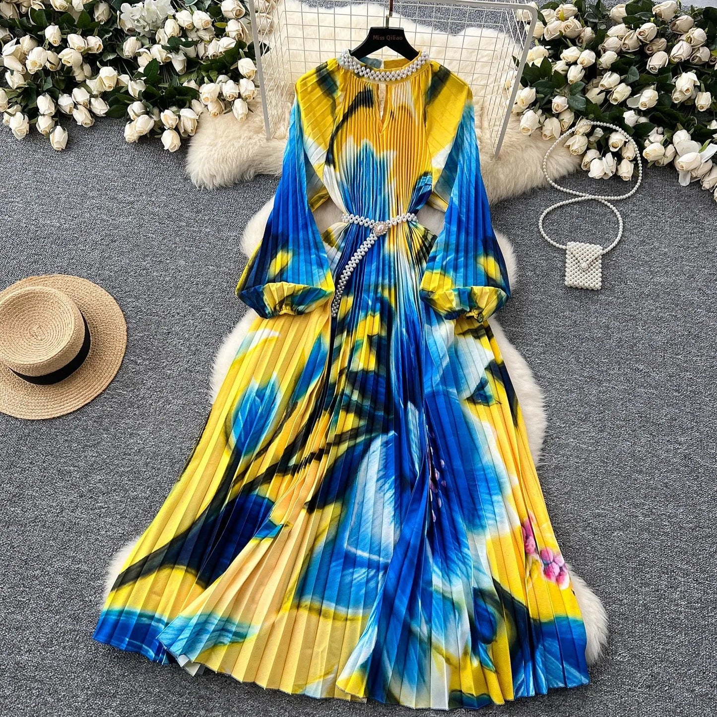 Ele High-End Women's Dr Faionable Beaded round Ne Hollow out Pleated Lantern Sve Waist Cinched Floral Print Lon...