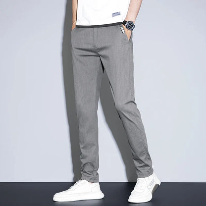Spring Summer Thin Men's Slim Straight Casual Pants Fashion Korean Solid Color Elastic Comfortable Business Gray Trousers