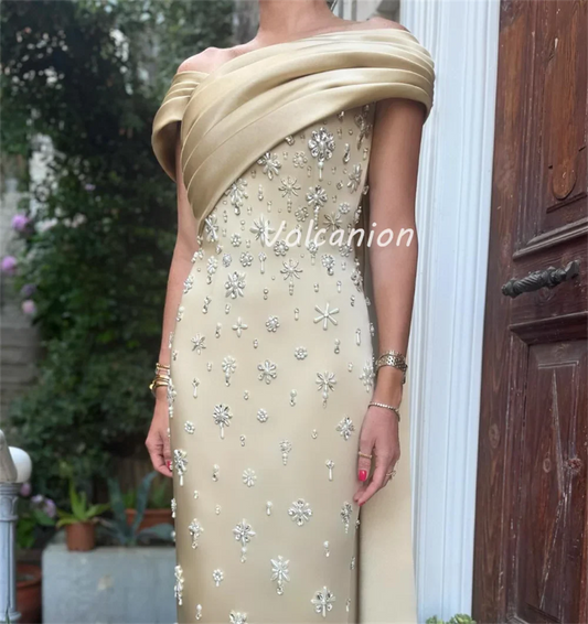 Customized Exquisite Elegant Charmeuse Rhinestone Pleat Straight Off-the-shoulder Long Dresses Bespoke Occasion Dresses Formal