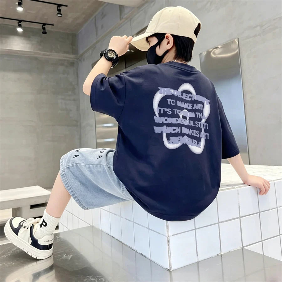 6-16 Year Children Short Sleeve Top And Bottom Clothing Set for Tween Boys Casual Streetwear Outfit Kids New Summer Clothes Suit