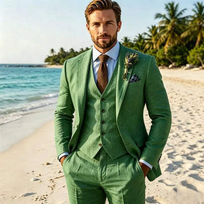 Beige Linen Wedding Suit 3 Piece Set Beach Groom Lightweight Summer Mens Suits Casual Outdoor Fashion Breathable Trousers Vest
