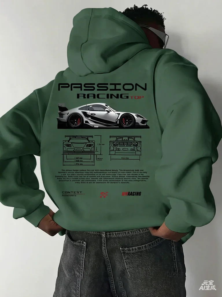 2025 Popular Digital Pattern Men's Hooded Sweatshirt Car-Themed Design American-Style Casual Sports Long-Sleeved Shirt
