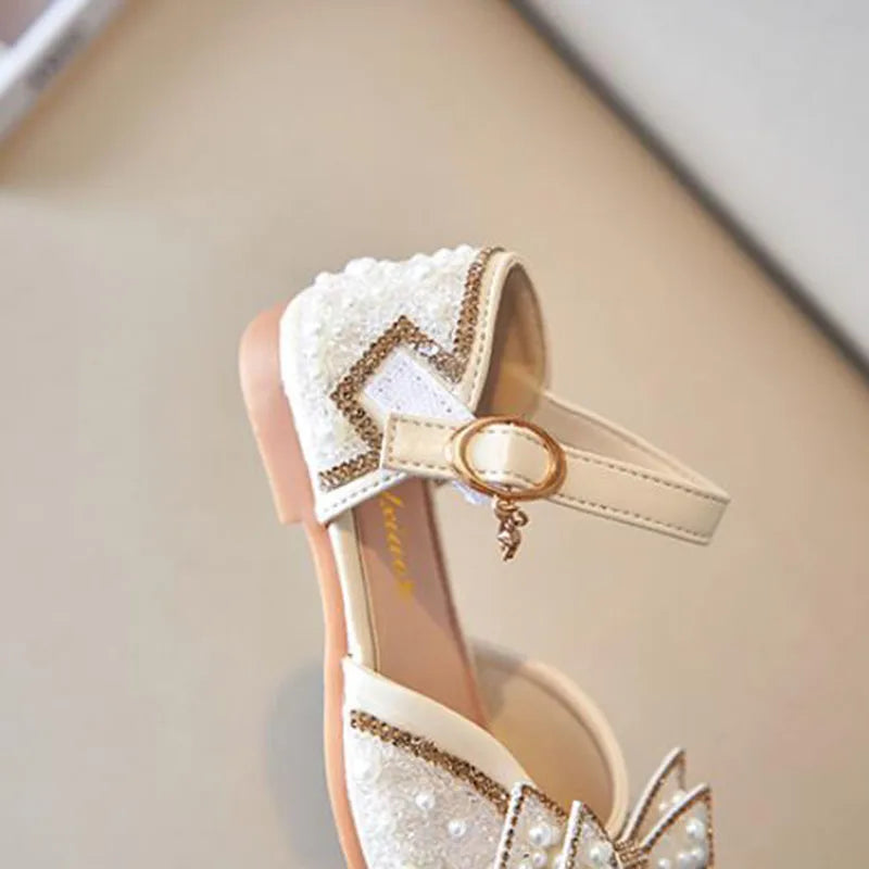 New Girl Sandals Cute Bow Pearl Sequins Kid Princess Shoes Flat Heels children Dancing Size 23-35