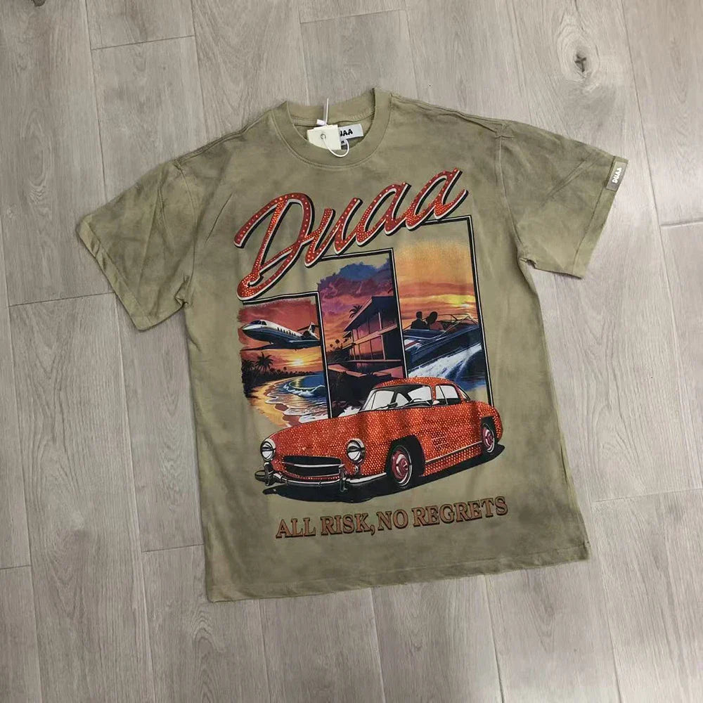 Car Letter Rhinestone Washed Cotton Short Sleeve Tshirts for Men and Women Harajuku Hip Hop Loose Shinning Diamond Tees Oversize