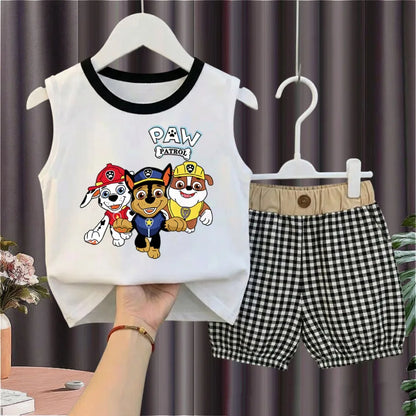 2026 Summer Children's Casual Outfits PAW Patrol Printed Boys Plaid Shorts Sets Kids Sleeveless Vest Bottom Two Piece New