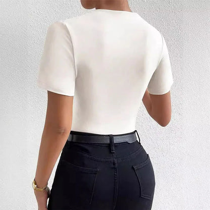 Luxury Europe and the United States Spring and Summer New Slim-fit Draw Pleated Short-sleeved Onesie Women's T-shirt