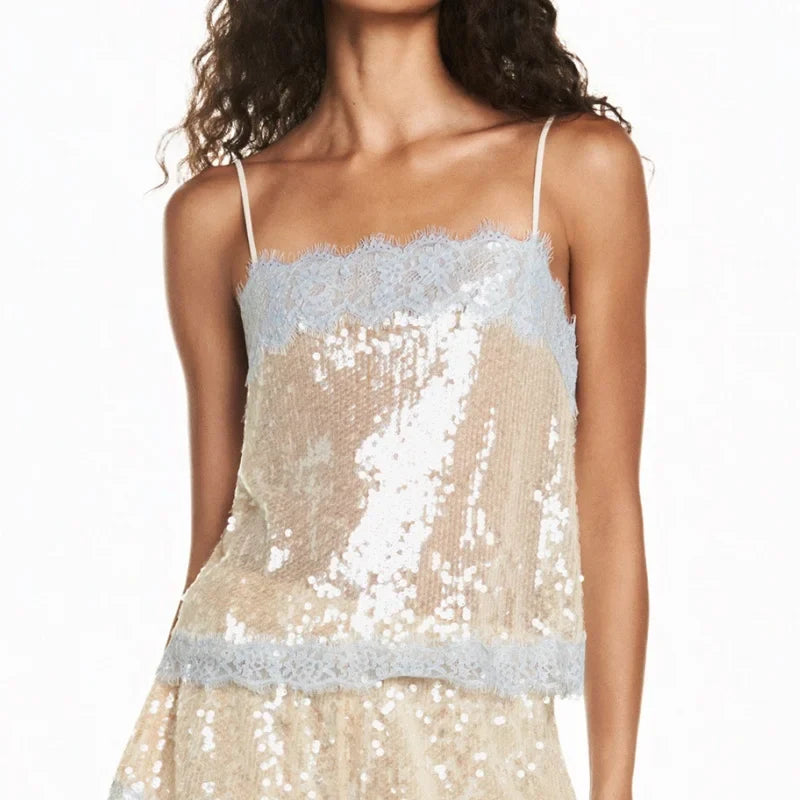 Women's Lace Trim Sequin Tank Top Spaghetti Straps Sparkly Cami Top Scallop Hem Rave Outfits  ﻿