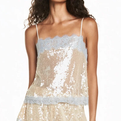 Women's Lace Trim Sequin Tank Top Spaghetti Straps Sparkly Cami Top Scallop Hem Rave Outfits  ﻿