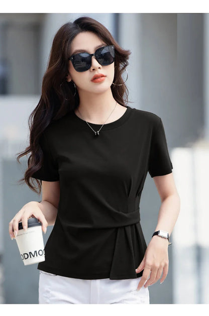 Women's summer new cotton irregular top short sleeved round neck casual women's short sleeved top T-shirt