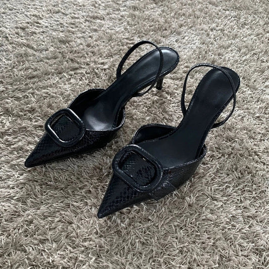 Fashion Black Leather Women Pumps Elegant Pointed Toe Office Work Ladies High Heeled Shoes 2025 Spring Dress Slingbacks Footwear