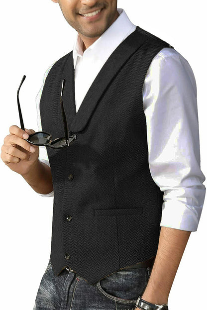 Men's Casual Suit Vest Shawl Lapel Wool Tweed Herringbone Dress Waistcoat for Wedding Party Dinner Herringbone Vests