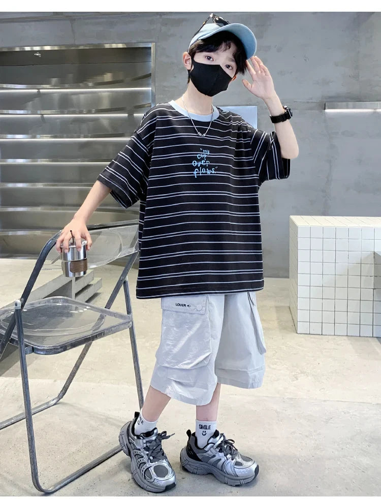 2026 Kids Top and Bottom Clothes Summer Set For Tweens Boys Casual Striped Tracksuit Outfit Children Cargo Clothing 2PCS Suit