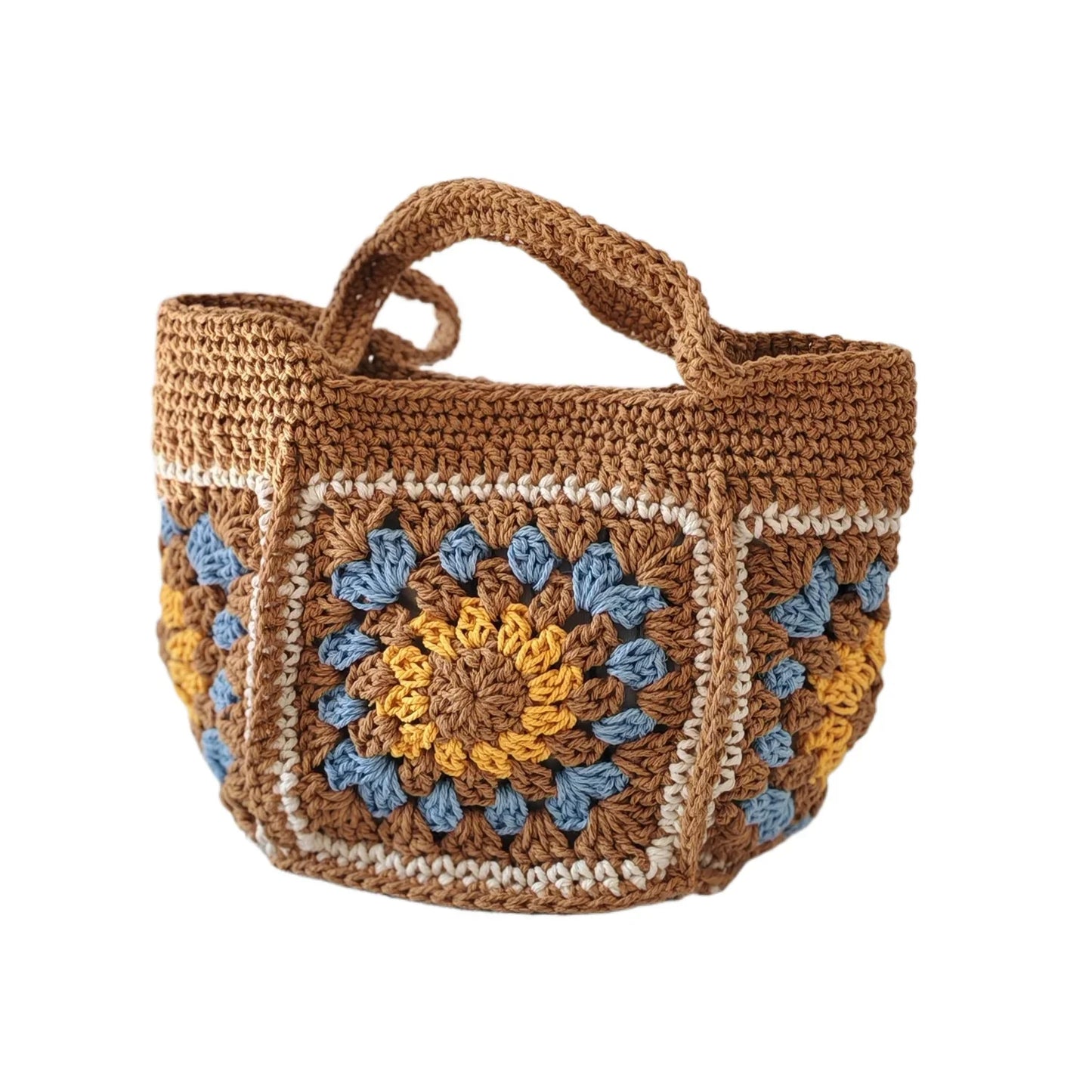 Boho Crochet Handbag for Women – Handmade Granny Square Tote Bag, Retro Knitted Shoulder Bag, Summer Casual Purse