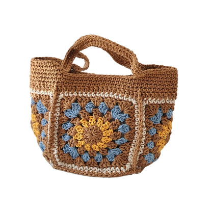 Boho Crochet Handbag for Women – Handmade Granny Square Tote Bag, Retro Knitted Shoulder Bag, Summer Casual Purse