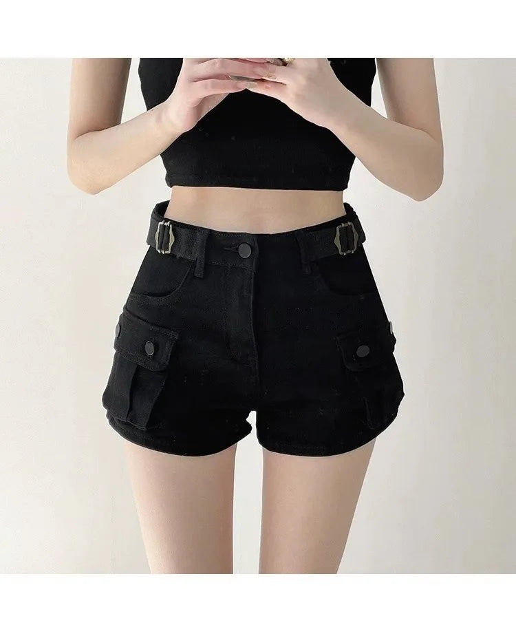 Women Military Green Denim Cargo Shorts Summer High Waisted Loose Wide Leg Y2K Hot Girl Casual Short Pants with Pockets