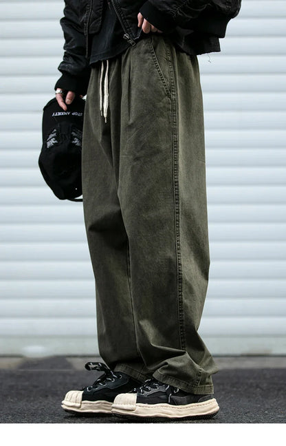 Spring Summer Cargo Pants Men Cotton Enzyme Wash Distressed Loose Fit Straight Leg Khaki Drawstring Elastic Waist Casual Pants