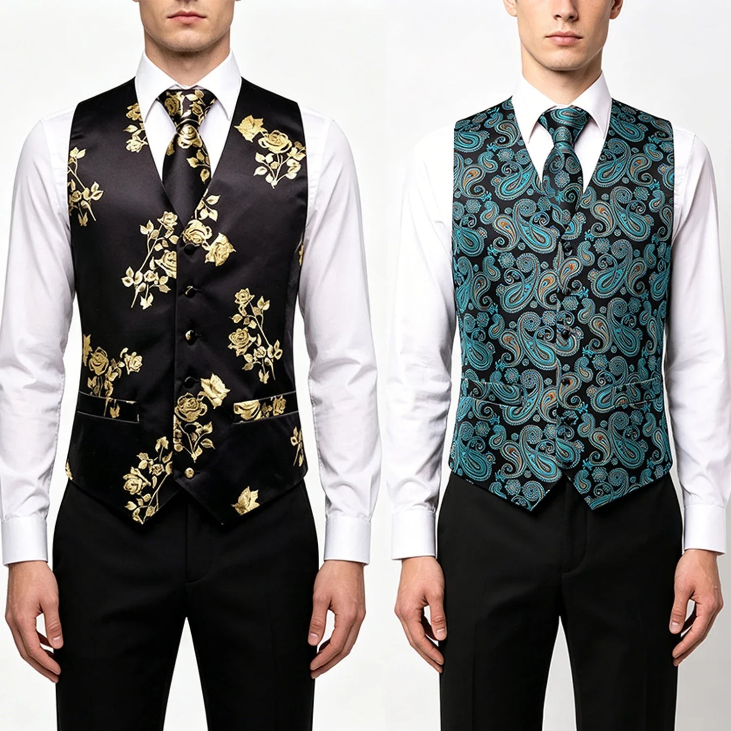 Formal Rose Pattern Paisley Plain Solid Mens Vest Party Wedding Waistcoat Pocket Square Tie  Hankie Suit Set