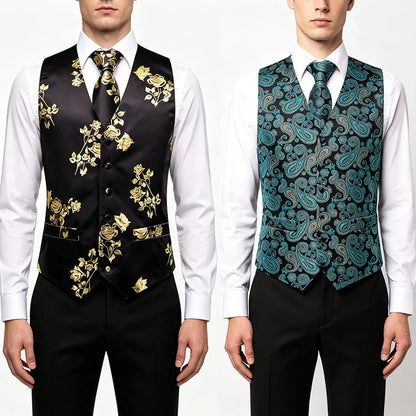 Formal Rose Pattern Paisley Plain Solid Mens Vest Party Wedding Waistcoat Pocket Square Tie  Hankie Suit Set