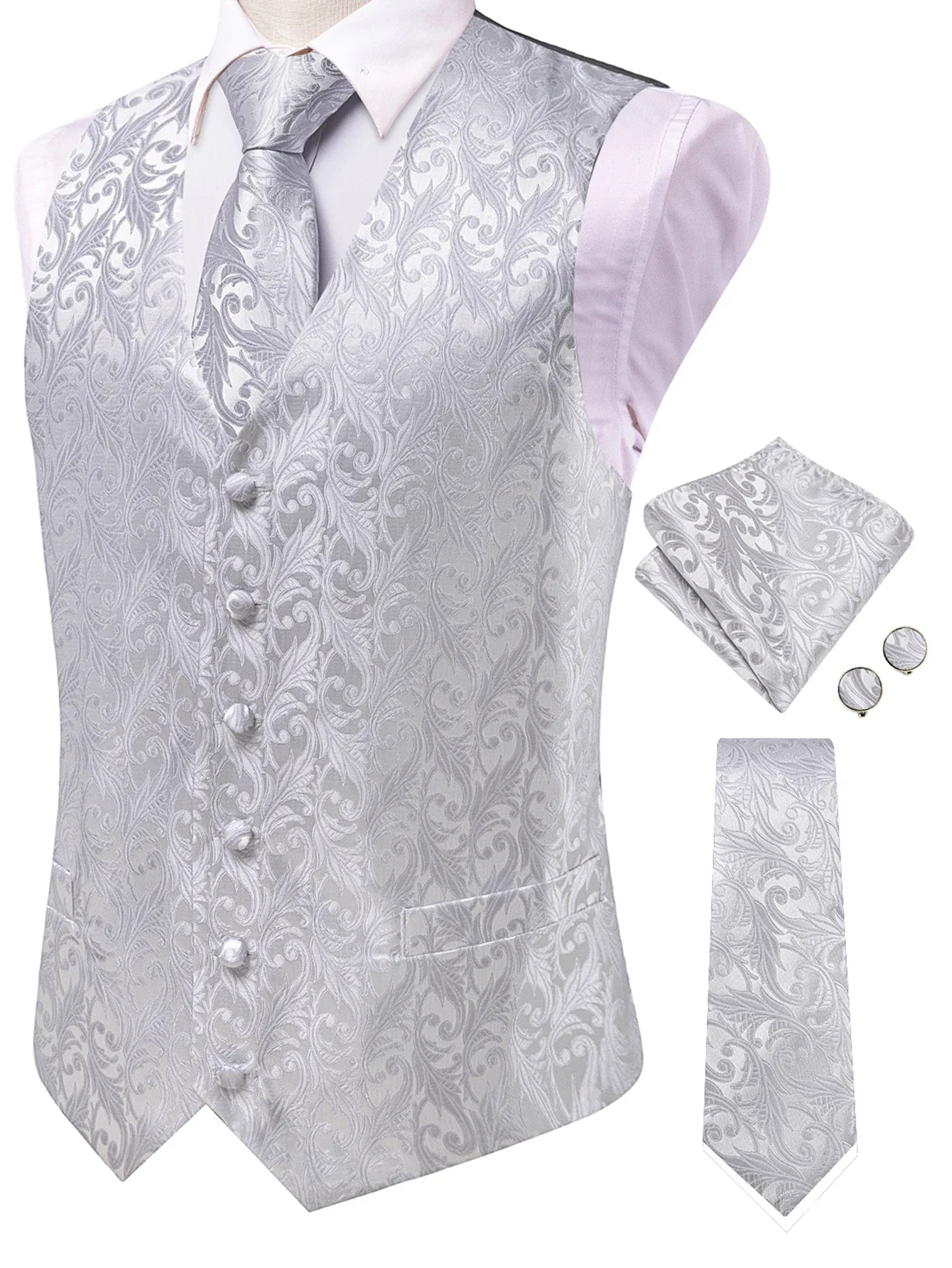 Men's Classic Floral Vest & Tie Hanky Cufflinks Set – Waistcoat for Weddings Events Party Gift