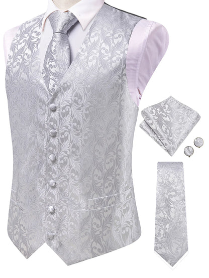 Men's Classic Floral Vest & Tie Hanky Cufflinks Set – Waistcoat for Weddings Events Party Gift