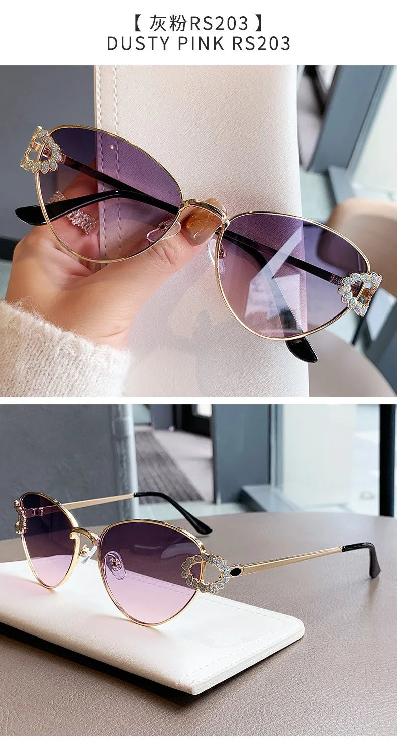 2026 Women Elegant Oval Metal Frame Cat Eye Sunglasses Hollow Rhinestone Wreath Temple UV Protection Gradient Lens Sun Shades