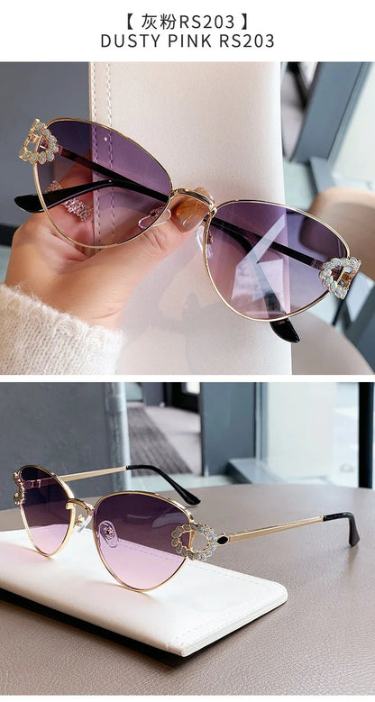 2026 Women Elegant Oval Metal Frame Cat Eye Sunglasses Hollow Rhinestone Wreath Temple UV Protection Gradient Lens Sun Shades