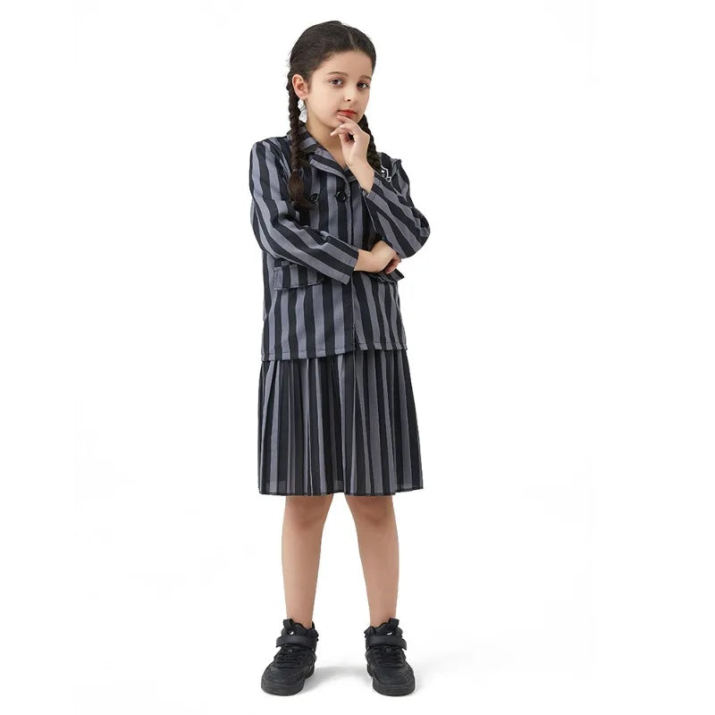 Girl Addams Family Halloween Cosplay Costume Girls Gray Purple Wednesday Addams Uniform Suit Skirts Wig Hand Wednesday Clothes