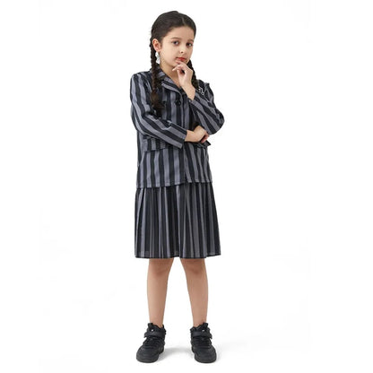 Girl Addams Family Halloween Cosplay Costume Girls Gray Purple Wednesday Addams Uniform Suit Skirts Wig Hand Wednesday Clothes