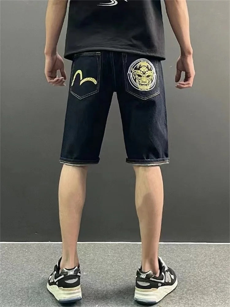Men Embroidery Denim Shorts Black Hiphop Jeans Pants Cherry Blossom Dragon Totem Washed Zipper Cotton Summer cherry blossoms 024