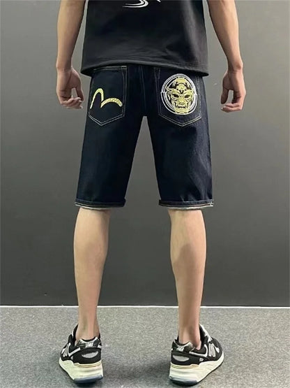 Men Embroidery Denim Shorts Black Hiphop Jeans Pants Cherry Blossom Dragon Totem Washed Zipper Cotton Summer cherry blossoms 024