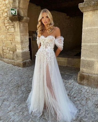 2022 New Charming Lace Wedding Dresses Sweetheart Off Shoulder  Gowns Short Sleeves Bridal  Open Back