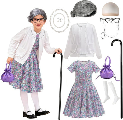 Baby Girl Celebrating 100th School Days Funny Cosplay Costumes Dress Granny Girl Cosplay Floral Old Lady Dress Up With Cane