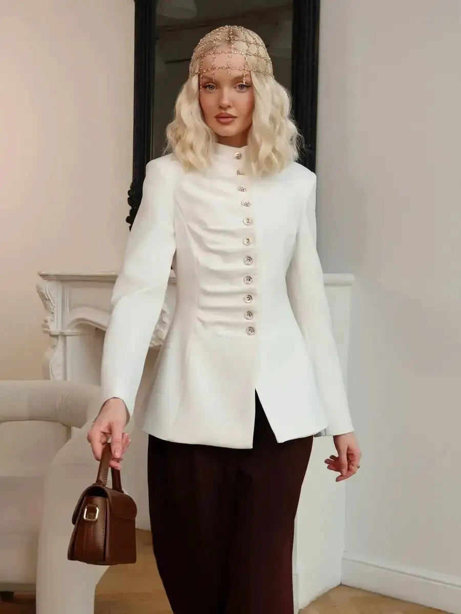 Women 2026 Spring Autumn Mandarin Collar Blazer Ruched Front Multi Row Buttons Long Sleeve Fit Formal Office Outerwear Coat