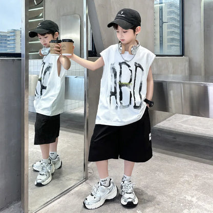 Summer Boys Cotton Sleeveless Alphabet T-Shirt Tops+Shorts Workout Sets School Kids 2PCS Tracksuit Child Jogging Outfits 5-16 Yr
