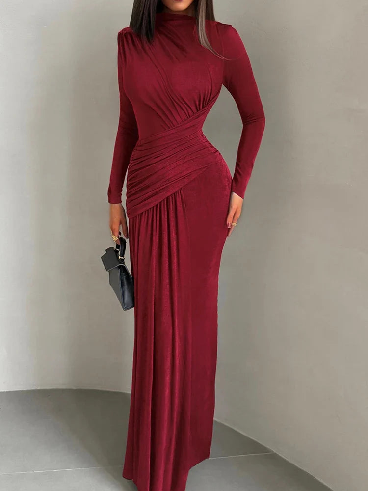 Folds Maxi Dress Women O-Neck Full Sleeve Solid Banquet Elegant Vacation Fashion Autumn Skinny Casual Simple Vestido