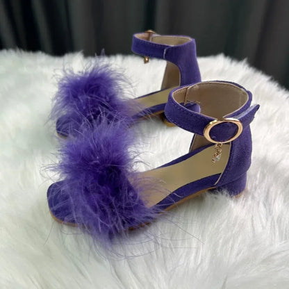 New Girls Low-heels Sandals Summer Fluffy Kids Princess Catwalk Shoes Open-toe Versatile Children Fashion Wedding Party Sandals