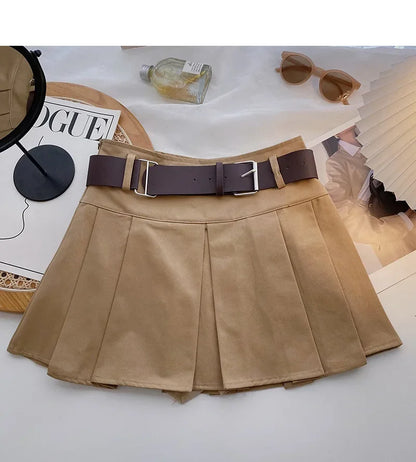 Girls Pleated Skirt Brown Casual All-match Cargo Skirt for Kids 3-13 Years Children Short A-line High Waist Tutu Skirt with Belt