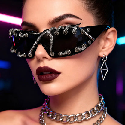 Punk Y2k sunglasses women Frameless  Sunglasses Crystal Chain One-piece Party Shades Bling Streetwear Luxury Accessories