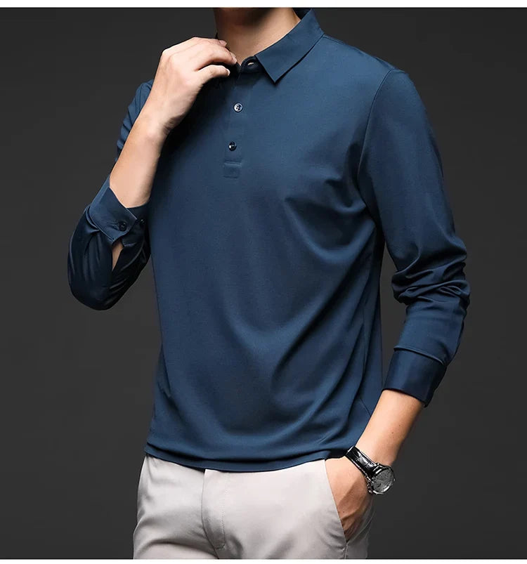 Mulberry Silk Men's Polo Shirts Luxury Long Sleeve Solid Color Golf Male T-shirts Spring Autumn Business Casual Man Tees