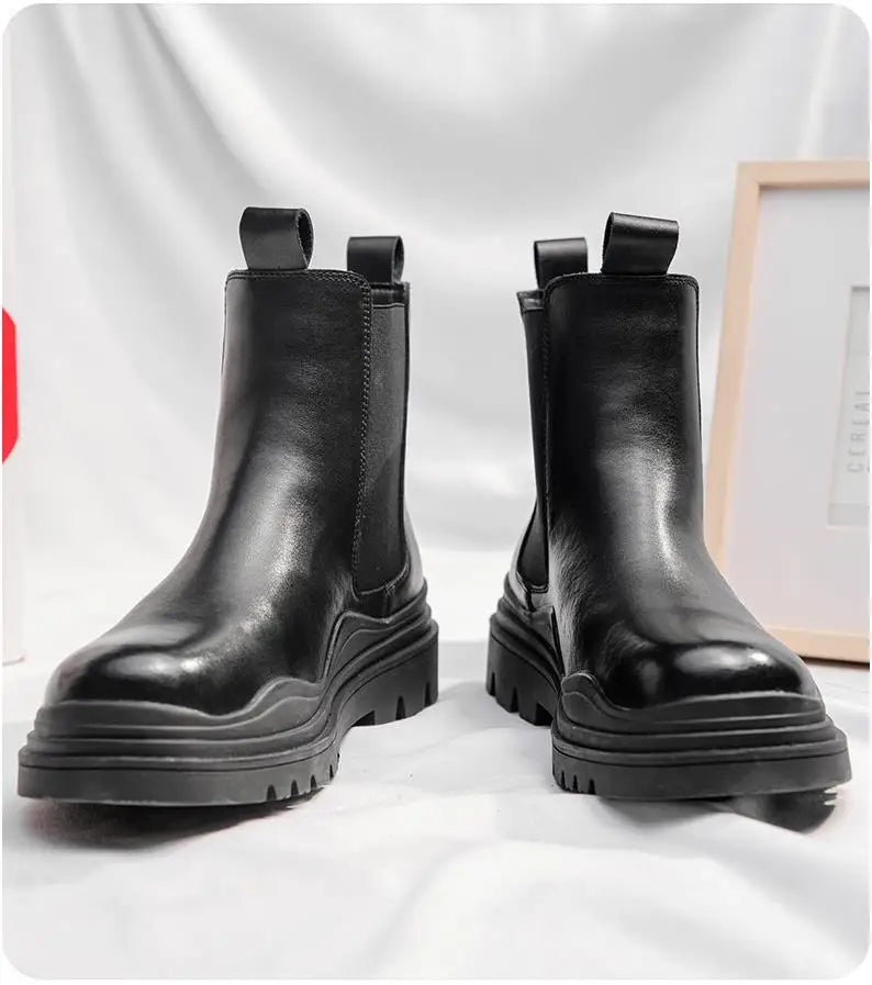 Fashion Mens Sheoes Platform Chelsea Boots Thick Bottom Split Leather Ankle Boots Male Footwear Round Toe Short Boots