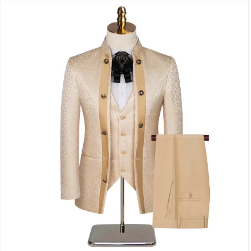 2025 New Wedding Host Performance Men's Suit Dress Three-piece Botanical Floral Pattern  Blazer  for Men with Pants and Vest