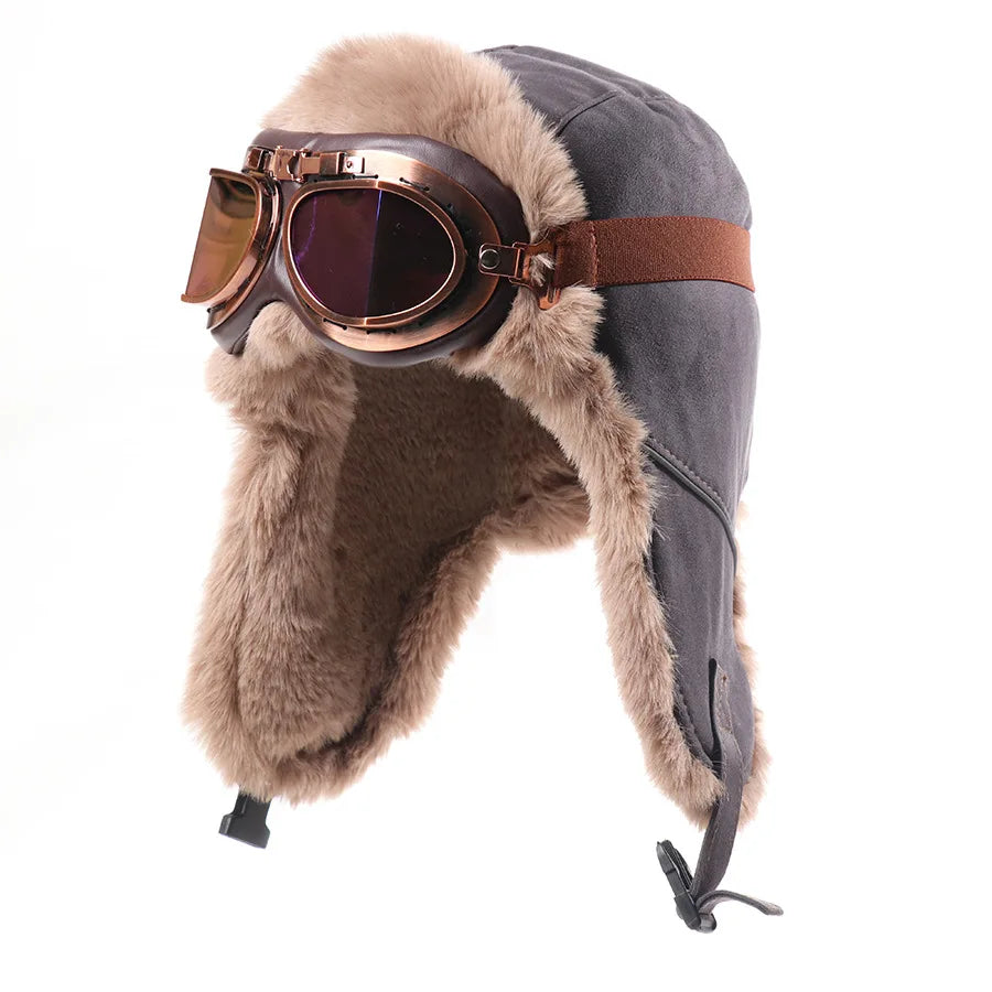 Retro Unisex Aviator Trapper Hat Faux Fur Thick Warm With Goggles Earflap Winter Cap For Cycling Outdoor Cold Protection