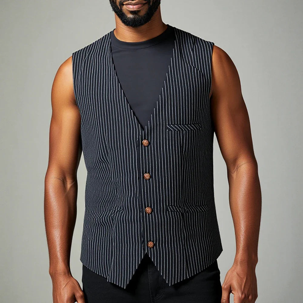 V Neck  New Arrival Stripe Slim Fit Single Breasted Men's Business Waistcoat For Wedding Formal Groomsmen