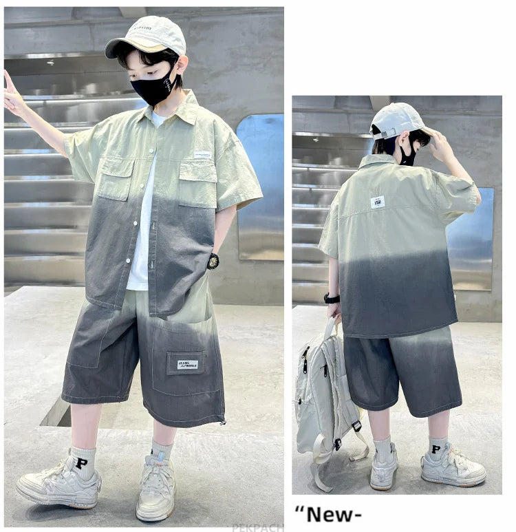 Loose Style Child Pocket Outfit Suit Cool Big Boys Summer Clothes Set Teens Kids Shirt+Shorts 2PCS Clothing Set Gradient Costume