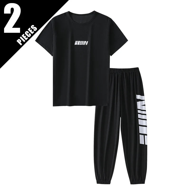 2-pcs Summer Youth Fashion Letter Set 13-16 Year Old Boys and Girls Simple and Versatile Letter Short Sleeve T-shirt Black Pants