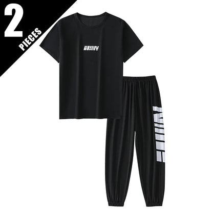 2-pcs Summer Youth Fashion Letter Set 13-16 Year Old Boys and Girls Simple and Versatile Letter Short Sleeve T-shirt Black Pants