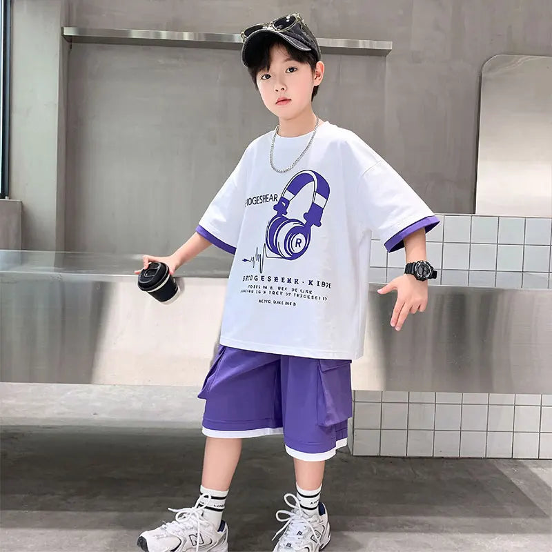 Fashion Stylish Kids Boys Top and Bottom Set Summer Tracksuit Streetwear Children New Trend Short Sleeve Clothes Suit Age 5-14 Y
